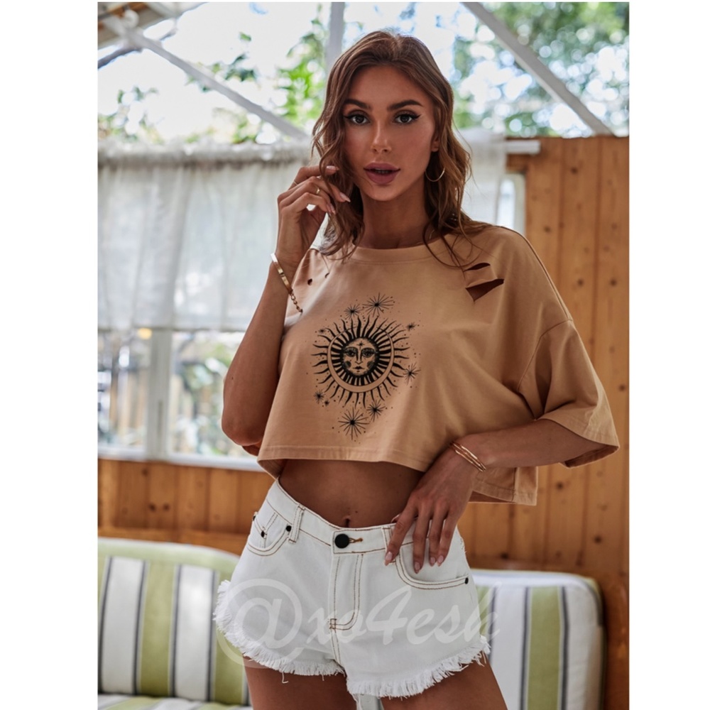 Sun Print Boho Distressed Graphic Crop Tee Shirt in Tan - Picture 4 of 8